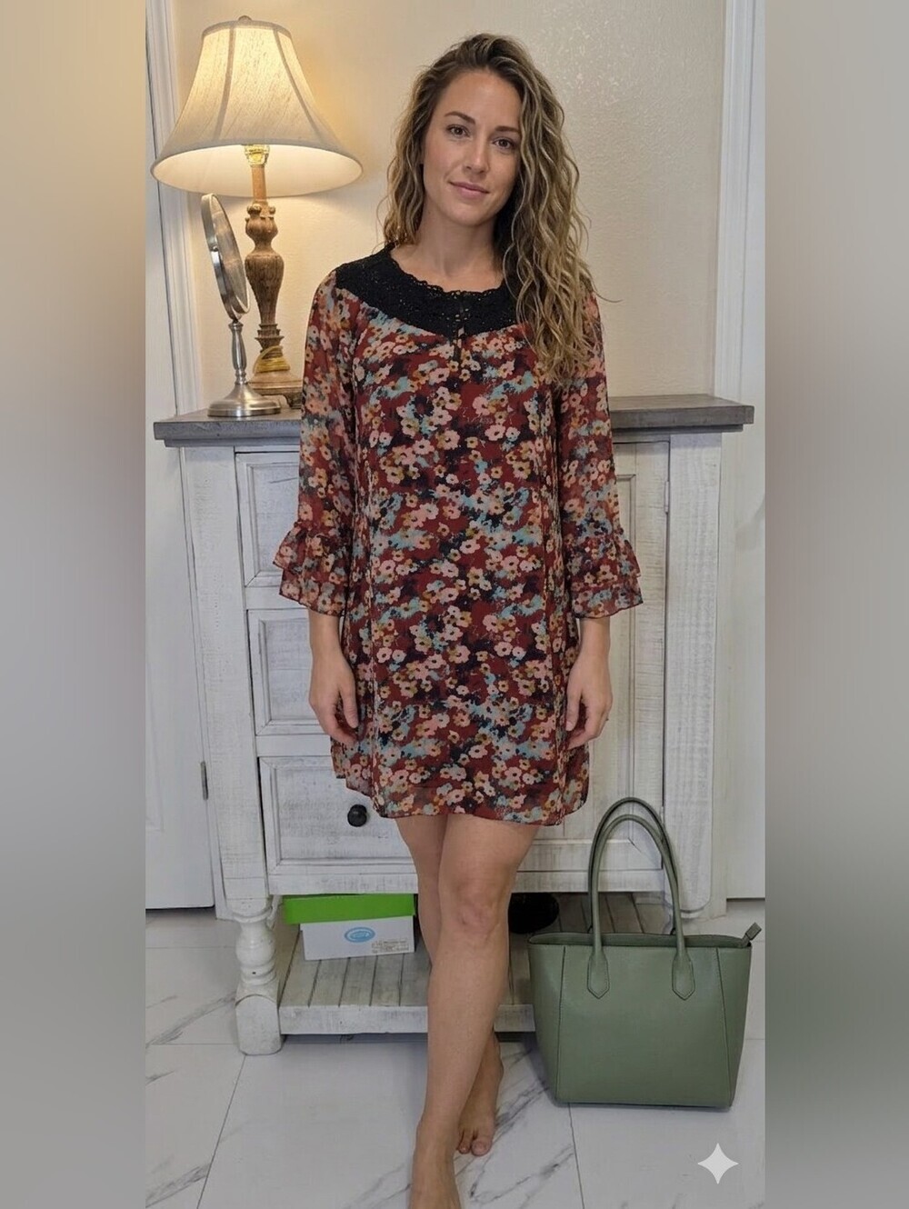 RU Apparel Boho Floral Chiffon Dress Size M.